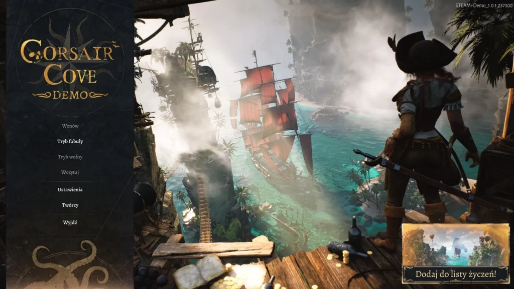Menu główne dema Corsair Cove w polskiej wersji językowej. W tle widać piracki statek z czerwonymi żaglami, mglistą zatokę, skały, drewniane konstrukcje i postać pirata stojącą na platformie.