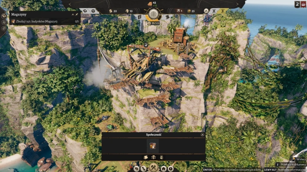 Rozgrywka w Corsair Cove pokazująca budowę magazynu na skalistym klifie. Na ekranie widać drewniane ścieżki, liny, roślinność, menu społeczności oraz zadanie związane z budową magazynu.