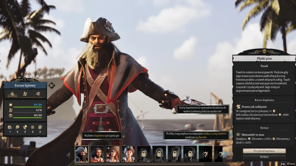 Ekran wyboru kapitana w Corsair Cove. Po lewej stronie widać statystyki statku „Szczur lądowy”, na dole portrety dostępnych kapitanów, a po prawej kartę kapitana Teach z opisem, bonusami i specjalną akcją.