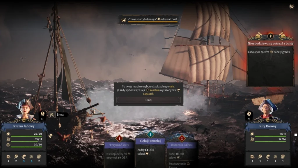 Turowa bitwa morska w Corsair Cove między statkiem gracza „Szczur lądowy” a siłami Korony. Na ekranie widać karty akcji, statystyki obu statków oraz komunikat o możliwym ataku na cel podczas walki na wzburzonym morzu.