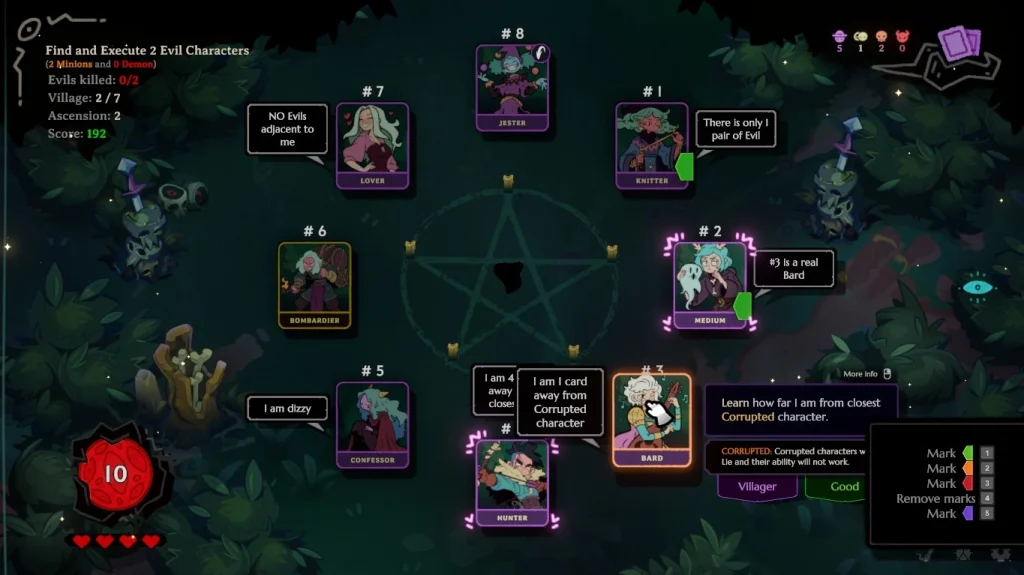 Widok rozgrywki z systemem oznaczania kart w Demon Bluff. Gracz może przypisywać postaciom oznaczenia, takie jak dobry, zły lub minion, żeby łatwiej analizować podejrzanych i wykluczać błędne tropy.