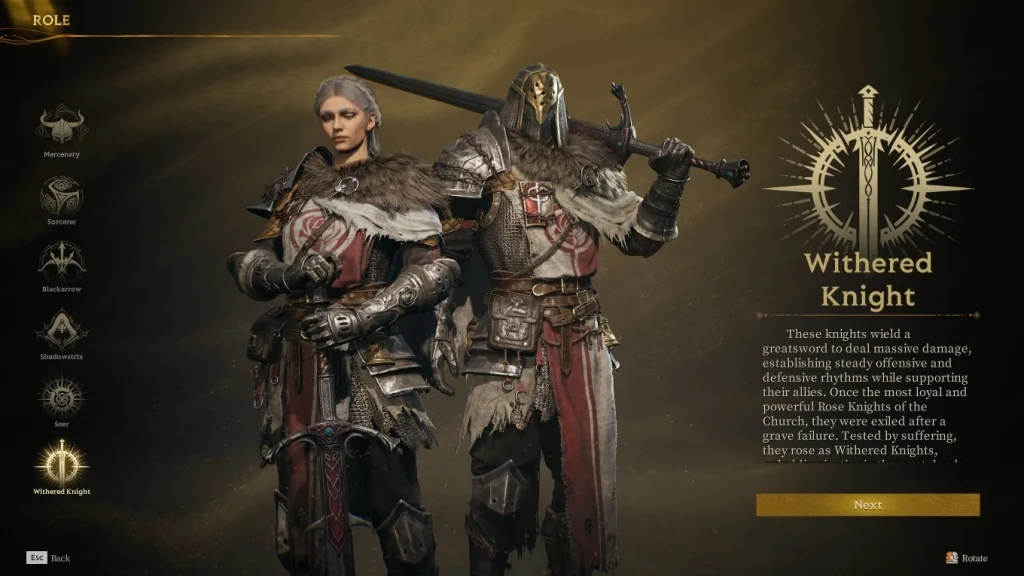 Ekran wyboru klasy w Mistfall Hunter przedstawiający klasę Withered Knight. Na środku widać dwie ciężko opancerzone postacie, jedną z dużym mieczem na ramieniu, a po lewej stronie listę dostępnych klas. Po prawej znajduje się symbol i opis klasy Withered Knight.