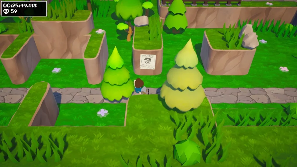 Zrzut ekranu z gry Trees Hate You. Postać stoi na kamiennej ścieżce przed ścianą z małym obrazkiem lub plakatem, przypominającym żartobliwy element otoczenia. Wokół widać drzewa, trawę, skały i zieloną, kreskówkową leśną lokację.