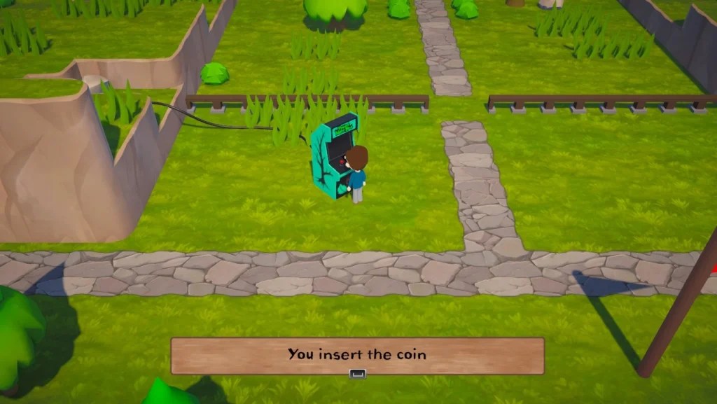 Zrzut ekranu z gry Trees Hate You. Postać stoi obok niebiesko-zielonego automatu lub urządzenia arcade w leśnej lokacji. Na dole ekranu widoczny jest komunikat „You insert the coin”, a w tle znajdują się kamienne ścieżki, trawa i ogrodzenie.