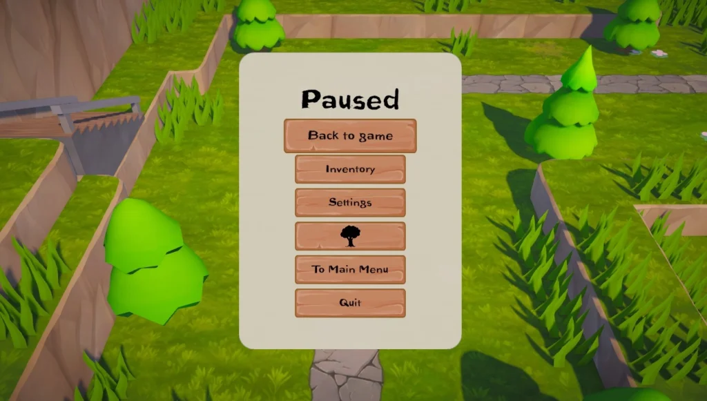 Zrzut ekranu z gry Trees Hate You z otwartym menu pauzy. Na środku ekranu widać panel z przyciskami „Back to game”, „Inventory”, „Settings”, ikoną ubioru, „To Main Menu” i „Quit”, a w tle prostą leśną lokację z trawą, drzewami i kamienną ścieżką.
