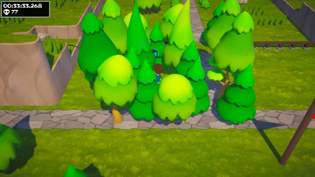 Zrzut ekranu z gry Trees Hate You. Postać znajduje się w gęstej grupie jasnozielonych drzew, które niemal całkowicie zasłaniają ścieżkę. W lewym górnym rogu widać licznik czasu i liczbę prób lub zgonów.