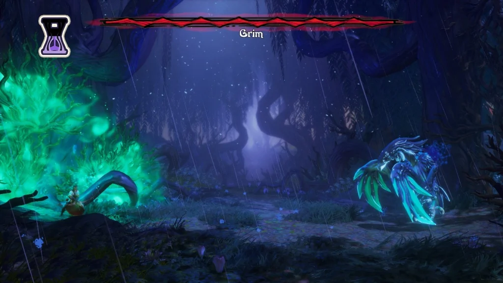 Zrzut ekranu z Trine 6: Together in Time przedstawiający walkę z bossem Grimem. Po lewej stronie stoi postać gracza otoczona zieloną poświatą, a po prawej znajduje się niebiesko-zielony potwór z dużymi szponami. Na górze ekranu widoczny jest pasek zdrowia bossa.
