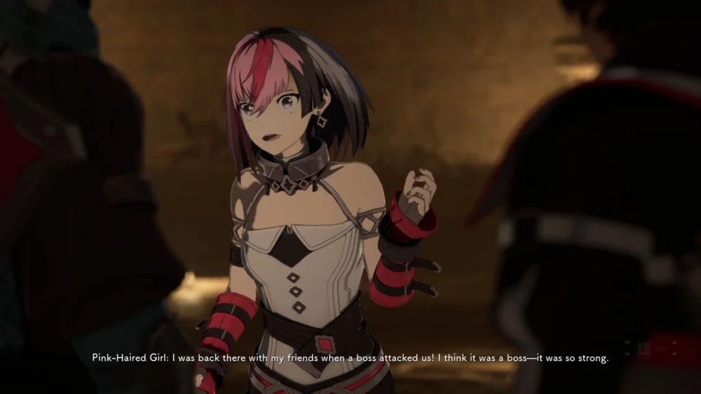 Scena dialogowa z dema Echoes of Aincrad, pokazująca anime’ową postać podpisaną jako Pink-Haired Girl. Bohaterka opowiada, że była z przyjaciółmi, gdy zaatakował ich boss. W tle widać ciemne, rozmyte ruiny, a na dole ekranu znajduje się tekst dialogu.