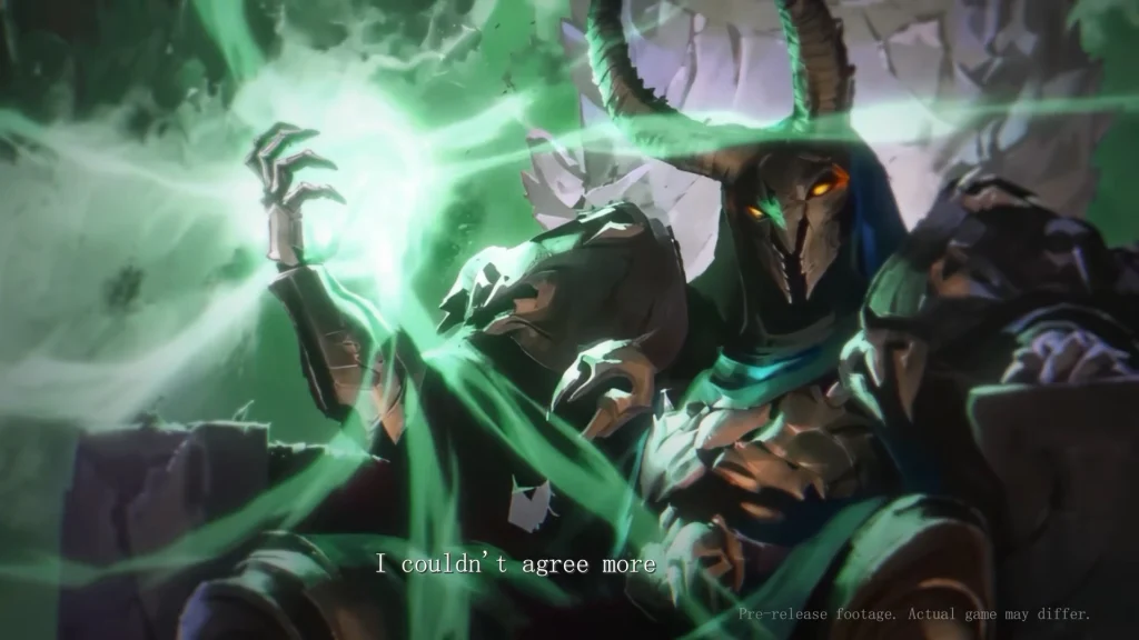 Kadr z przedpremierowego zwiastuna Mistbound: Guild Wars Card Game. Zamaskowana postać w mrocznej zbroi siedzi wśród zielonej, magicznej energii, z jarzącymi się oczami i rogami lub kolcami wokół hełmu. Na dole widoczny jest napis dialogowy „I couldn’t agree more”.