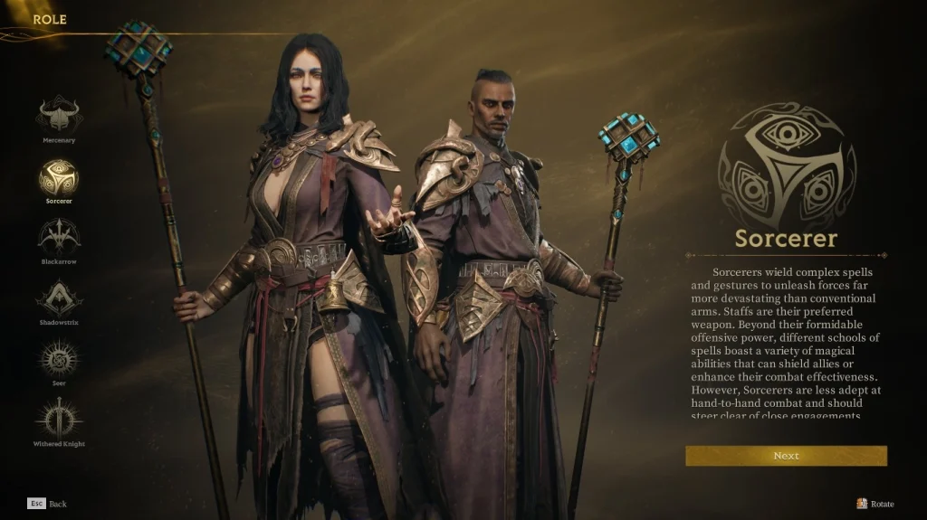 Ekran wyboru klasy w Mistfall Hunter przedstawiający klasę Sorcerer. Na środku stoją dwie postacie czarodziejów z kosturami, a po lewej stronie widać listę dostępnych klas. Po prawej znajduje się symbol i opis klasy Sorcerer.
