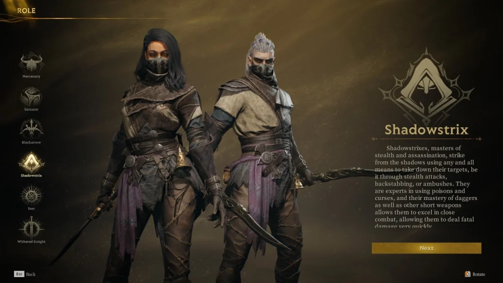 Ekran wyboru klasy w Mistfall Hunter przedstawiający klasę Shadowstrix. Na środku stoją dwie zamaskowane postacie przypominające łotrzyków lub zabójców, uzbrojone w krótką broń. Po lewej stronie widoczna jest lista klas, a po prawej symbol i opis klasy Shadowstrix.