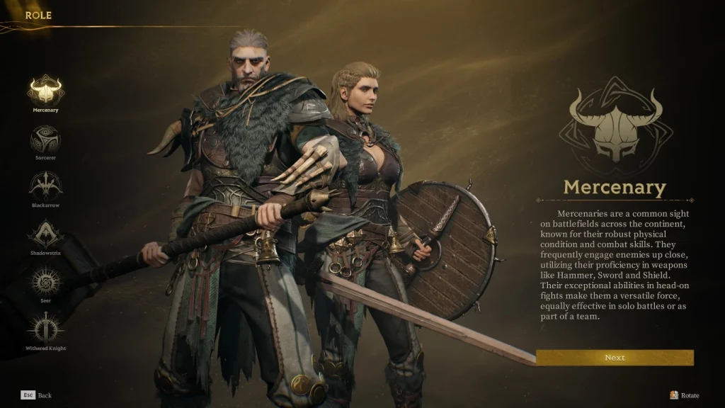 Ekran wyboru klasy w Mistfall Hunter przedstawiający klasę Mercenary. Na środku stoją dwie uzbrojone postacie wojowników z mieczem, tarczą i ciężką bronią. Po lewej stronie widoczna jest lista dostępnych klas, a po prawej symbol i opis klasy Mercenary.