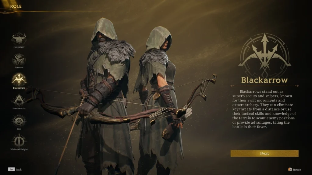 Ekran wyboru klasy w Mistfall Hunter przedstawiający klasę Blackarrow. Na środku stoją dwie zakapturzone postacie łuczników z łukami, odwrócone częściowo tyłem do siebie. Po lewej stronie widoczna jest lista dostępnych klas, a po prawej symbol i opis klasy Blackarrow.