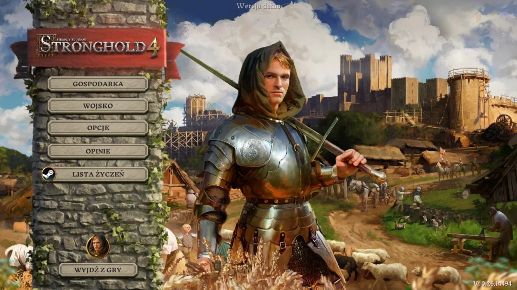 Menu główne dema Stronghold 4 z ilustracją przedstawiającą średniowieczny zamek w budowie, rycerza na pierwszym planie oraz logo gry w górnej części ekranu.