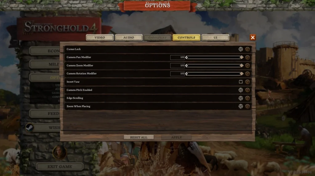 Ekran menu Stronghold 4 z widocznym interfejsem gry, opcjami wyboru i średniowieczną oprawą graficzną w tle.