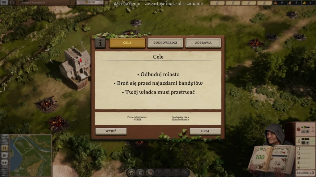 Widok rozgrywki w Stronghold 4 z mapą osady, budynkami produkcyjnymi oraz interfejsem strategii widocznym u dołu ekranu.