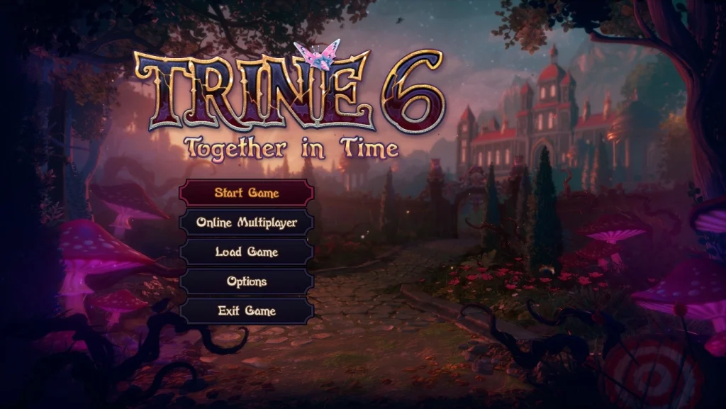 Ekran startowy gry Trine 6: Together in Time. W tle widać baśniową, lekko mroczną lokację z zamkiem, ścieżką, drzewami i dużymi fioletowymi grzybami. Na środku znajduje się logo gry oraz menu z opcjami rozpoczęcia gry, multiplayera, wczytania zapisu, ustawień i wyjścia.