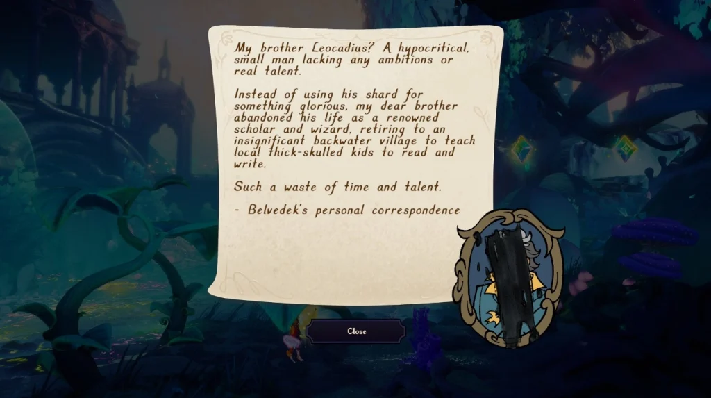 Zrzut ekranu z Trine 6: Together in Time pokazujący znalezioną notatkę fabularną. Na środku ekranu widoczna jest kartka z tekstem korespondencji Belvedeka, a w prawym dolnym rogu znajduje się rysunkowy portret postaci częściowo zasłonięty czarnym pociągnięciem. W tle widać ciemną, baśniową lokację.