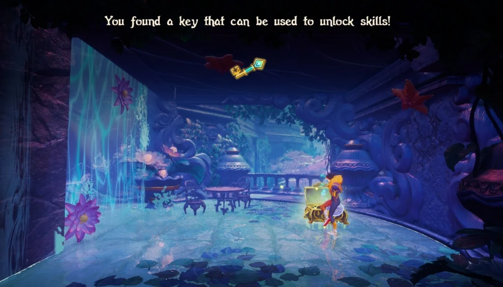 Zrzut ekranu z Trine 6: Together in Time pokazujący moment znalezienia klucza do odblokowania umiejętności. Na górze ekranu widnieje komunikat „You found a key that can be used to unlock skills!”, a postać stoi przy świecącej skrzyni w niebiesko-fioletowej, magicznej lokacji z wodospadem i roślinnością.