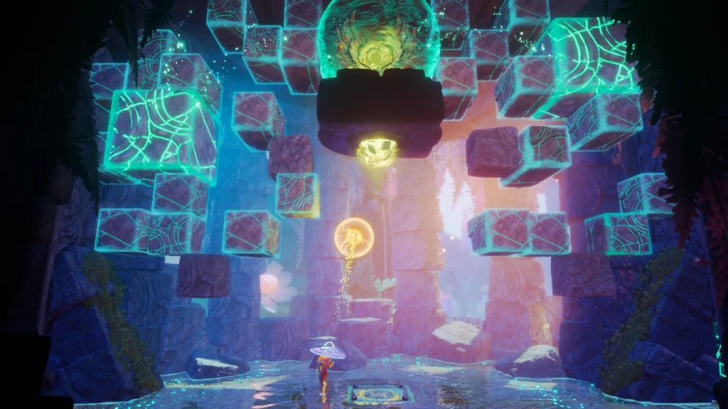 Zrzut ekranu z Trine 6: Together in Time przedstawiający zagadkę środowiskową. W lokacji unoszą się kamienne bloki podświetlone turkusową magią, a na dole stoi postać z parasolką. Scena ma baśniowy klimat i pokazuje elementy platformowe oraz fizyczne łamigłówki.
