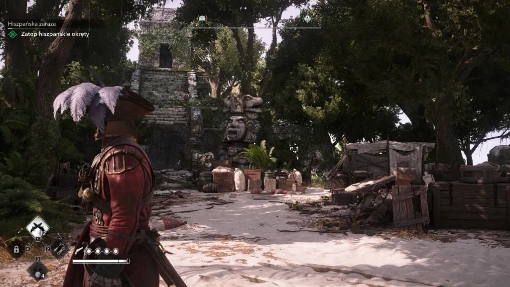 Edward Kenway eksploruje zacienioną osadę na tropikalnej wyspie, w której znajdują się skrzynie, namioty i kamienne ruiny ozdobione dużą wyrzeźbioną twarzą w Assassin’s Creed Black Flag Resynced.