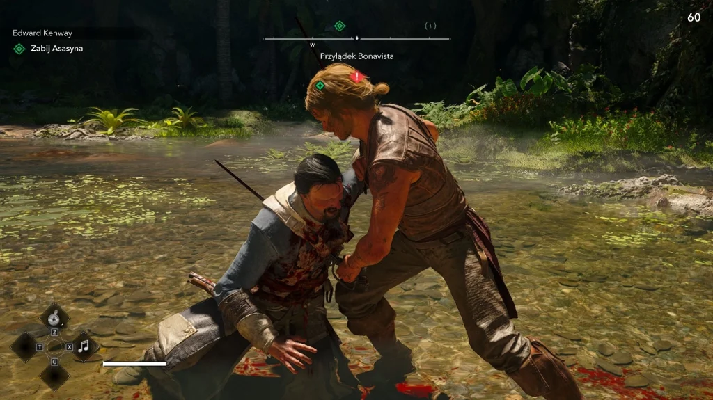 Edward Kenway wykonuje brutalną egzekucję z bliska na przeciwniku w płytkiej wodzie pośród dżungli w Assassin’s Creed Black Flag Resynced.