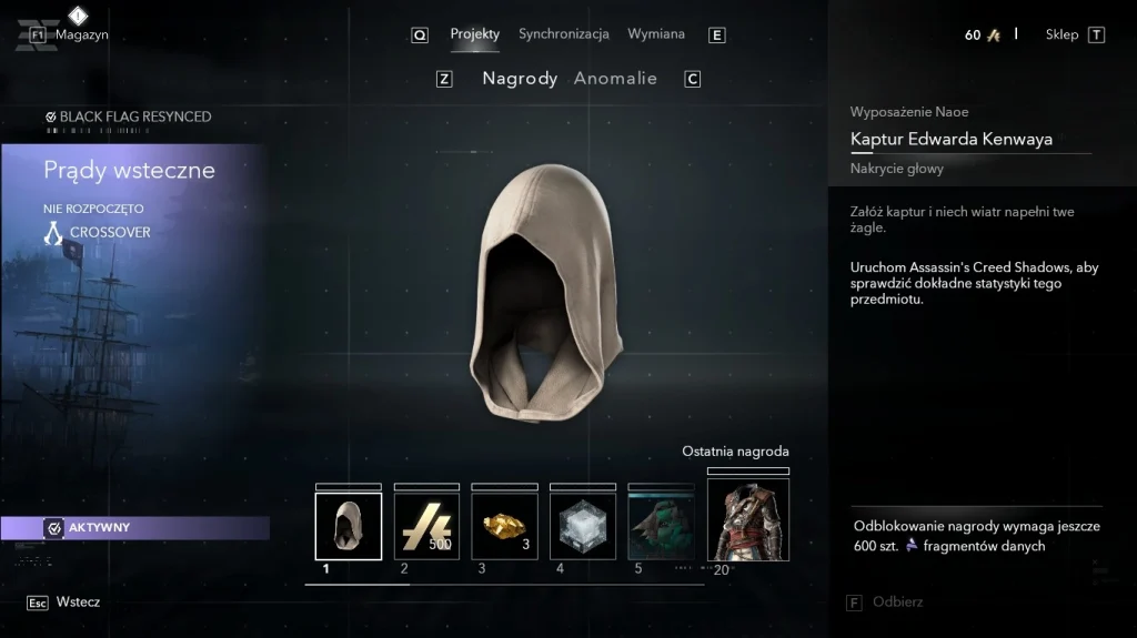 Menu darmowej ścieżki progresji w Assassin’s Creed Black Flag Resynced, pokazujące kaptur Edwarda Kenwaya jako nagrodę oraz dodatkowe waluty i przedmioty do odblokowania.