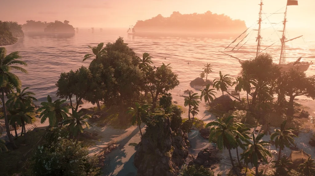Tropikalna karaibska wyspa porośnięta palmami o zachodzie słońca, z żaglowcami płynącymi po rozświetlonym morzu w Assassin’s Creed Black Flag Resynced.
