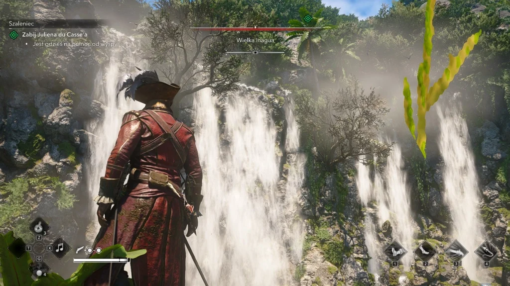 Edward Kenway stoi przed dużym wodospadem w dżungli, otoczonym gęstą roślinnością, podczas jednej z misji w Assassin’s Creed Black Flag Resynced.