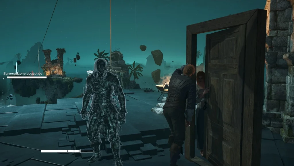 Widmowa wersja Edwarda Kenwaya stoi w rozfragmentowanym środowisku Animusa, podczas gdy dwie współczesne postacie rozmawiają obok drewnianego przejścia w Assassin’s Creed Black Flag Resynced.