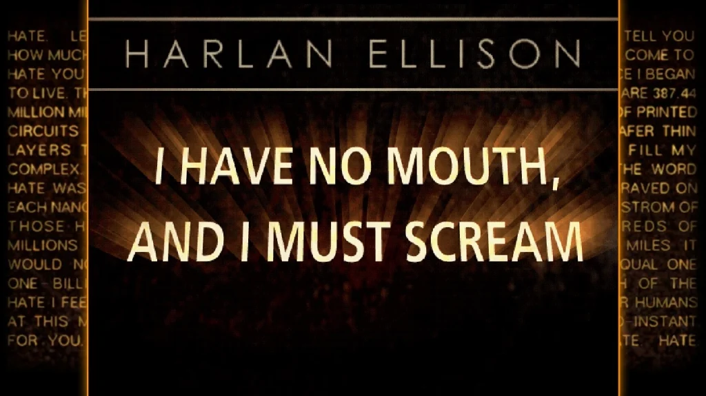 Ekran tytułowy gry I Have No Mouth, and I Must Scream. Na ciemnym, retrofuturystycznym tle widoczny jest duży tytuł gry oraz stylizowana grafika nawiązująca do technologicznego horroru i motywu komputera AM.