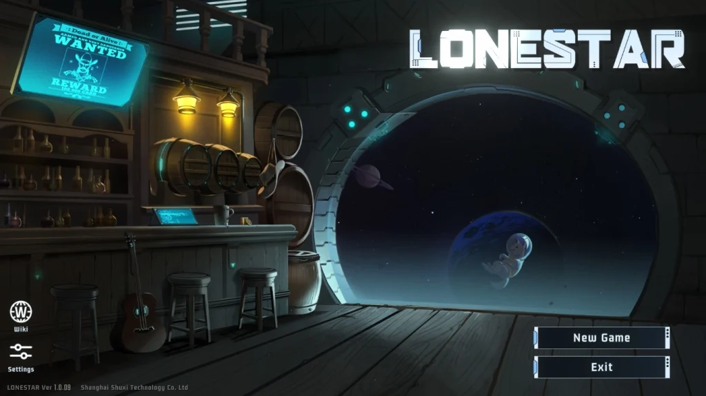Menu główne LONESTAR pokazujące kosmiczny saloon w westernowym stylu. Po lewej widać świecącą tablicę Wanted, nad dużym oknem znajduje się logo gry, a za oknem w kosmosie dryfuje mały pies w skafandrze.
