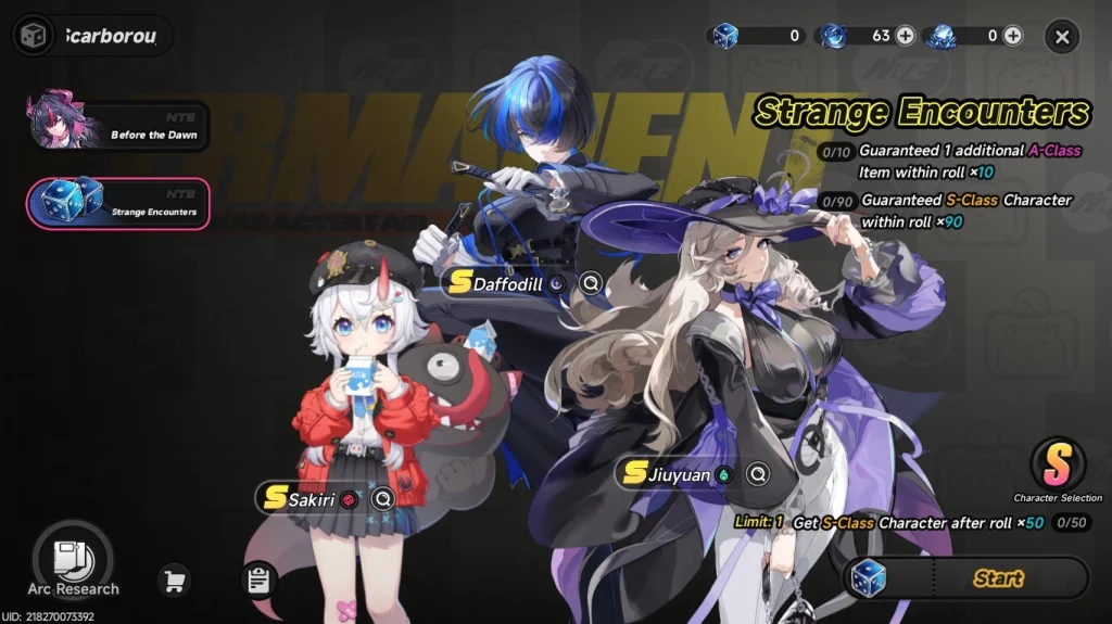 Ekran banera gacha w NTE: Neverness to Everness, pokazujący kilka postaci anime, w tym Sakiri, Jiyuan i wyróżnioną postać rangi S, z widoczną walutą oraz opcjami losowania.
