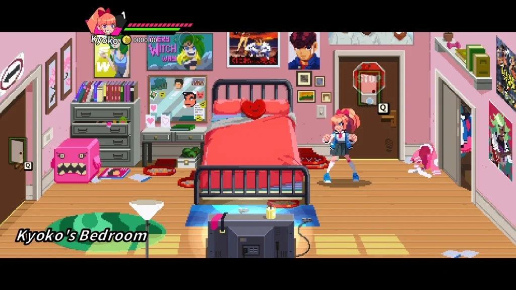 Pokój Kyoko w River City Girls 2 z pixel-artową grafiką. Lokacja pokazuje bardziej codzienny i humorystyczny fragment gry, w którym można eksplorować pokój oraz wchodzić w interakcje z otoczeniem.
