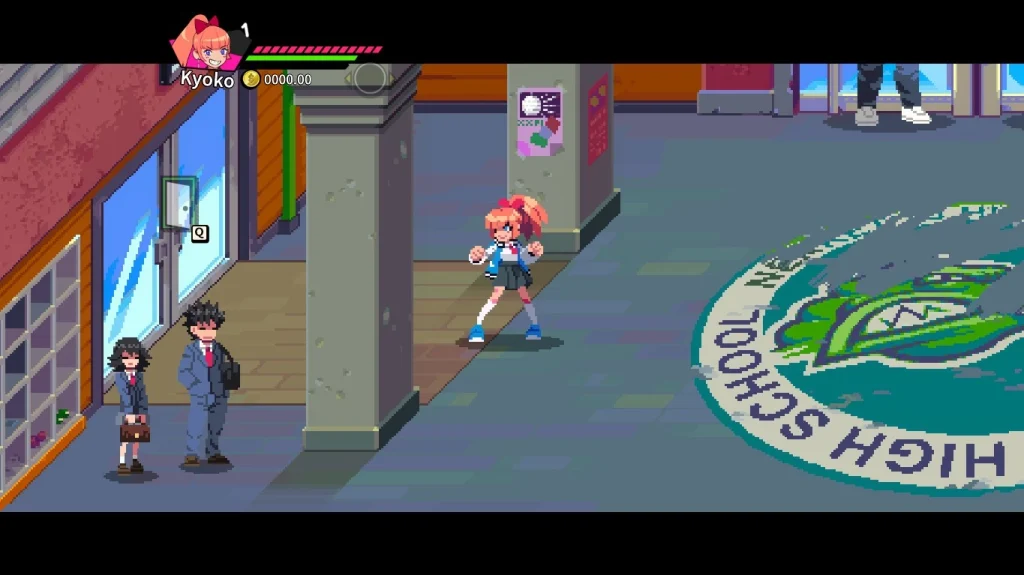 Fragment rozgrywki River City Girls 2 z pixel-artową grafiką i nowoczesnym interfejsem. Postacie stoją w lokacji utrzymanej w kolorowym, arcade’owym styl