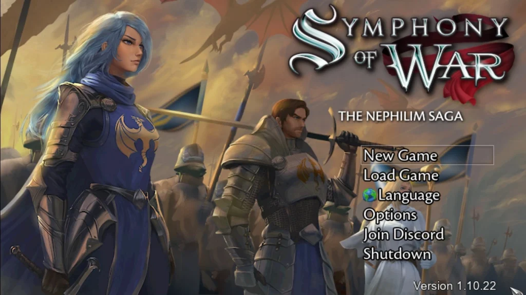 Main menu of Symphony of War: The Nephilim Saga, featuring anime-style fantasy character art, animated flags, and a simple retro-inspired interface.