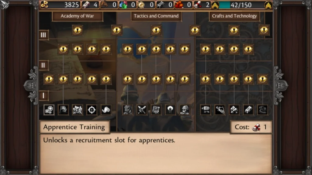Development tree screen in Symphony of War: The Nephilim Saga, showing upgrade branches used to improve the army and unlock new progression options.