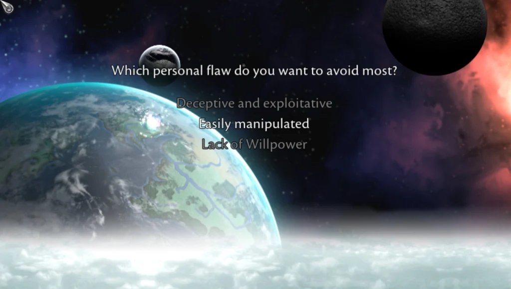 Character creation screen in Symphony of War: The Nephilim Saga, showing a text-based setup where the player chooses personal strengths and weaknesses to shape their story.