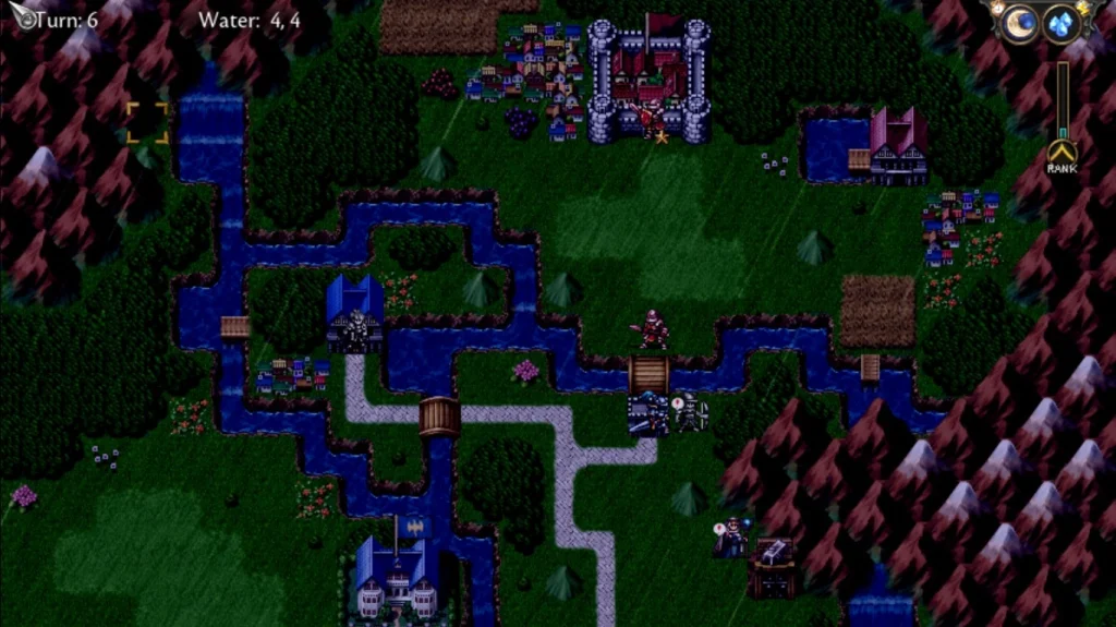 Tactical map from an early chapter of Symphony of War: The Nephilim Saga, showing units moving across a battlefield with buildings to capture and objectives to complete.