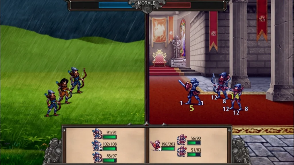 Battle sequence in Symphony of War: The Nephilim Saga, showing two squads clashing while the combat plays out automatically.