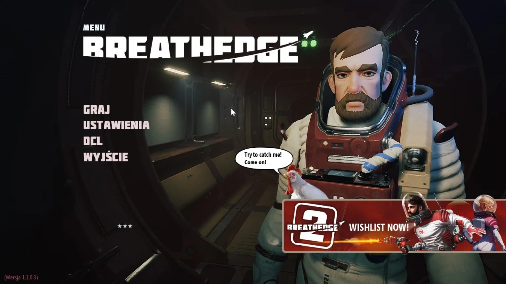 Główne menu Breathedge w polskiej wersji językowej. Brodaty astronauta trzyma kurczaka wewnątrz statku, a w prawym dolnym rogu widoczny jest baner promujący Breathedge 2.