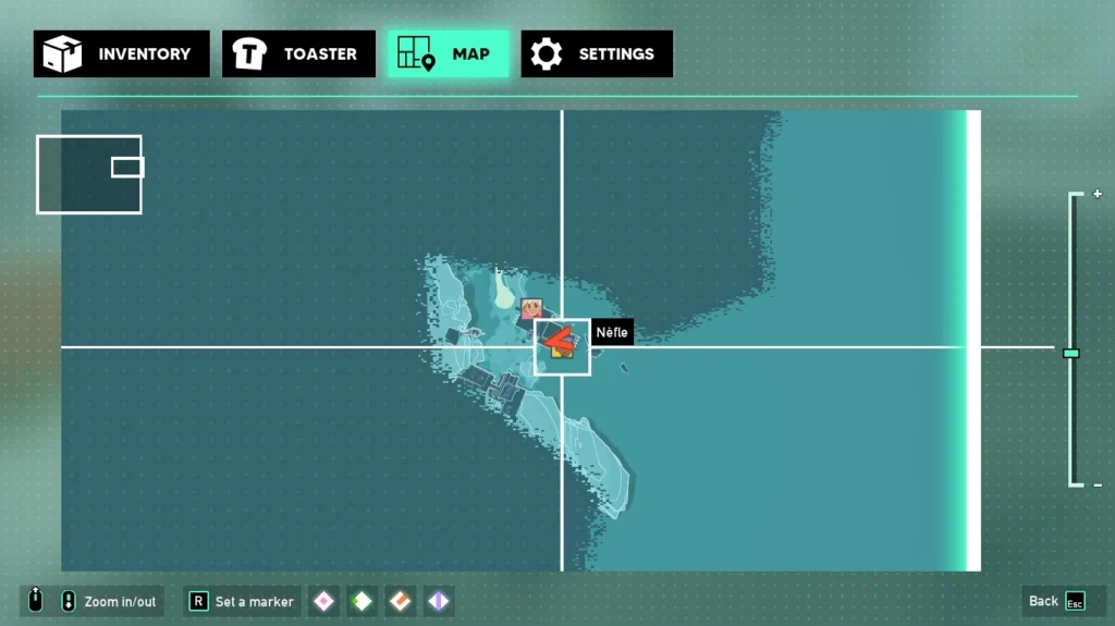 Mapa świata w Caravan SandWitch pokazująca niewielki odkryty fragment Cigalo, pozycję gracza oraz znaczniki lokacji. Duża część mapy pozostaje jeszcze zasłonięta.