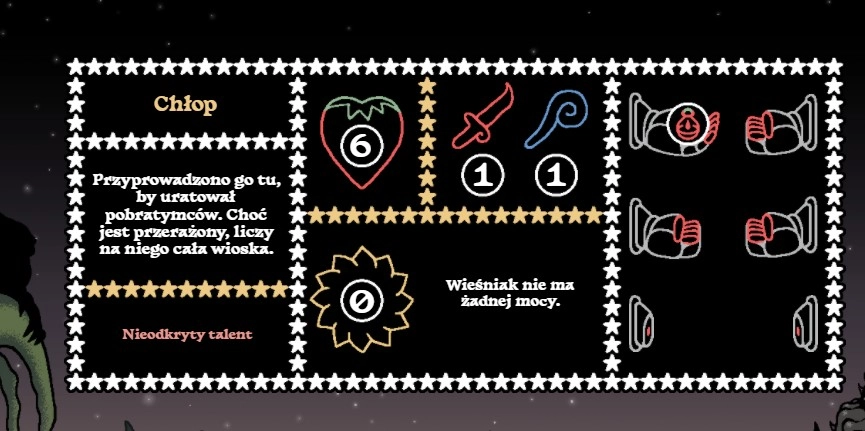 Ekran informacji o Chłopie w Sol Cesto, pokazujący sześć punktów życia, jeden punkt ataku fizycznego, jeden punkt magii, kilka miejsc w ekwipunku, brak specjalnej mocy i nieodkryty talent. Interfejs gry jest wyświetlany po polsku.