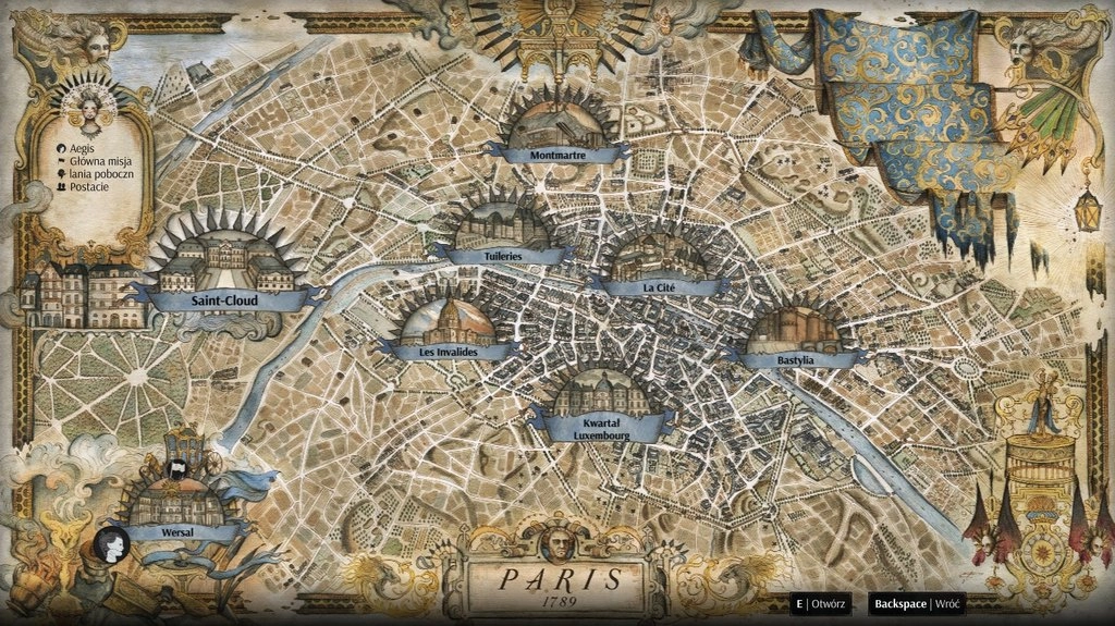 Ozdobna, ręcznie rysowana mapa Paryża z 1789 roku. Zaznaczono na niej między innymi Saint-Cloud, Montmartre, Tuileries, La Cité, Les Invalides, Bastylię, Dzielnicę Luksemburską oraz Wersal.