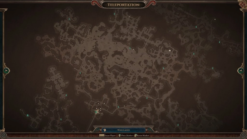 Ogromna mapa teleportacji Wild Lands, wypełniona rozgałęzionymi ścieżkami, odkrytymi obszarami i licznymi odblokowanymi punktami podróży.
