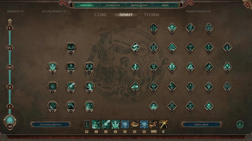 Część końcowego builda oparta na Storm Mastery, z odblokowanymi umiejętnościami błyskawic i zimna, zdolnościami pasywnymi oraz wybranymi modyfikatorami.