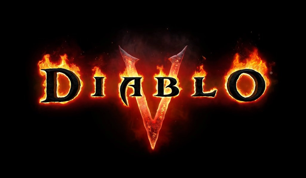 Logo Diablo V na czarnym tle. Ciemne litery otaczają pomarańczowe płomienie, a za nimi znajduje się duża, rozświetlona rzymska cyfra V przypominająca popękaną, rozżarzoną skałę. Źródło: Blizzard Press Center.