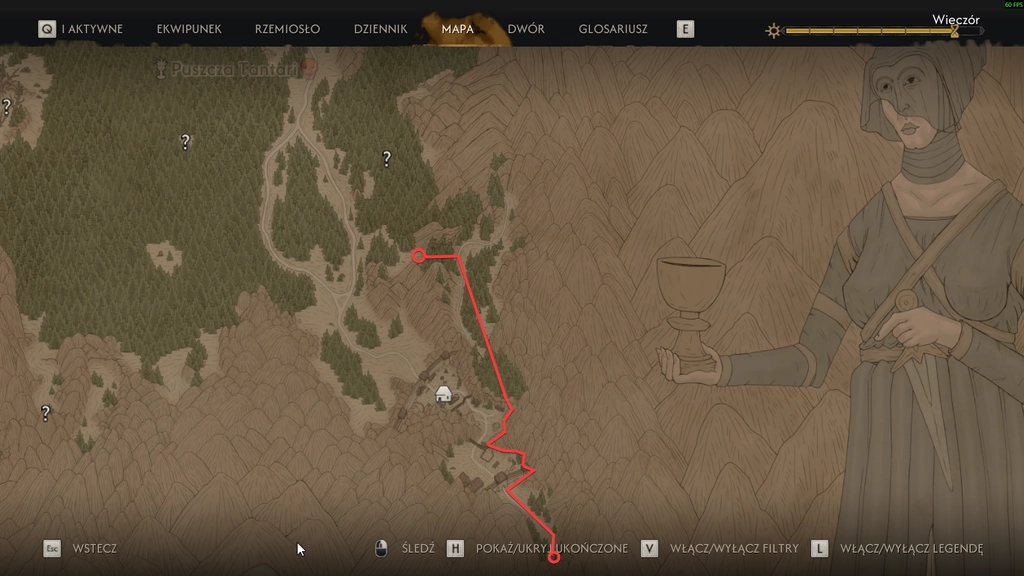 Mapa The Blood of Dawnwalker z czerwoną linią prowadzącą od dolnej krawędzi, obok posterunku, ku ścieżce przy Puszczy Tanari. Linia wskazuje trasę autora omijającą pilnujących przejścia wrogów. Źródło: własny zrzut ekranu z gry.