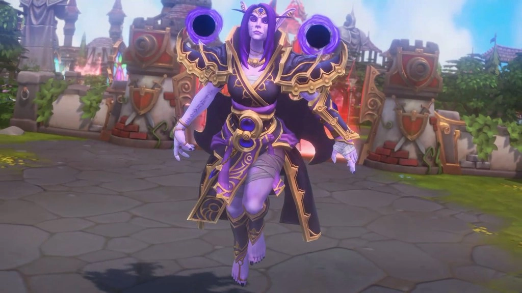 Xal’atath unosi się boso nad kamiennym dziedzińcem w Heroes of the Storm. Ma fioletowe włosy i bogato zdobiony fioletowo-złoty pancerz. Nad jej ramionami unoszą się dwie ciemne kule otoczone wirującą fioletową energią. Źródło: transmisja BlizzConu na kanale Blizzarda na Twitchu.