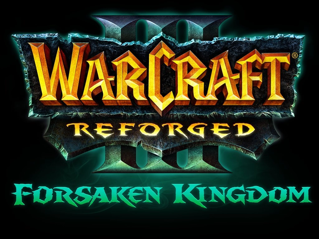 Logo Warcraft III: Reforged – Forsaken Kingdom. Złote litery znajdują się na popękanej, ciemnej tablicy przed dużą rzymską cyfrą III. Emblemat i podtytuł otacza turkusowozielona poświata. Źródło: Blizzard Press Center.